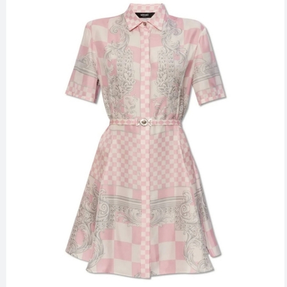 Versace Pink Shirt Dress Signature Baroque Print with belt Silk size S